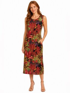 Vintage 80s Jane Ashley Tropical Floral Rayon Maxi Dress Tie Back Side Slits
